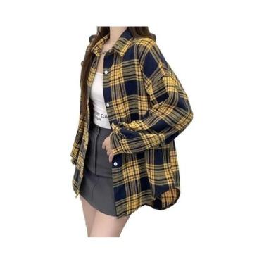 Imagem de Camisa Jaqueta Xadrez Tartan Oversized Feminina Manga Longa Com Botões