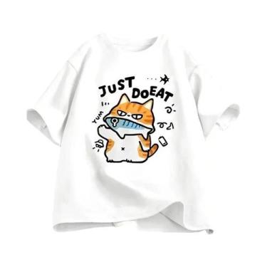 Imagem de Camiseta Feminina Engraçada Com Estampa De Gato Comendo Peixe, Gola Re