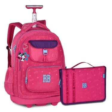 Imagem de Mochila Carrinho Com Estojo Fichario Grande Kit Escolar Premium-Feminino