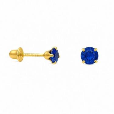 Imagem de Brinco em Ouro 18K com Zircônia Redonda Azul Escuro - Joia Elegante - 
