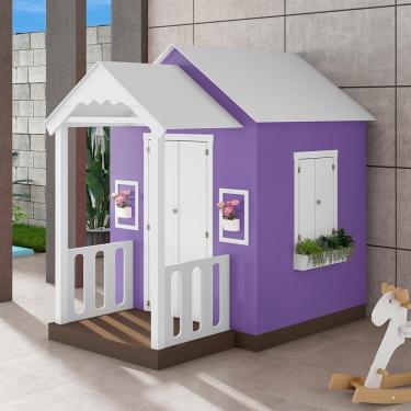 Imagem de Casinha de Brinquedo com Varanda e Cerca Artesanal L12 Branco-lilás em MDF Criança Feliz