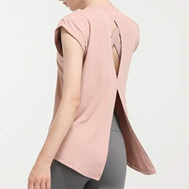 Imagem de Camiseta esportiva feminina vazada nas costas com decote oco manga curta colete de secagem rápida corrida fitness ioga blusas soltas(Small)(Luz rosa)