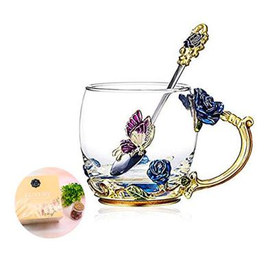 Imagem de Xícara de chá, xícara de café, copos de café de vidro, canecas de chá feitas à mão borboleta rosa, 340 g (azul) ideal para presentes de aniversário de casamento e aniversário de casamento