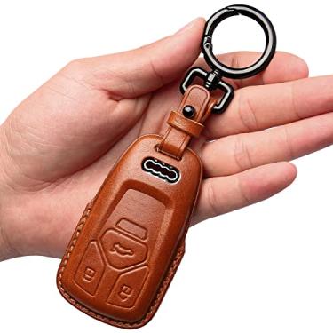 Imagem de Tukellen Para Audi Chaveiro Capa Couro Genuíno com Chaveiro, Estojo Protetor de Chave de Couro Compatível Audi A4 Q7 Q5 TT A3 A6 SQ5 R8 S5 Smart Key-Brown