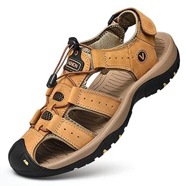 Imagem de Sandálias atléticas masculinas, sandálias de trekking - bico fechado caminhadas ao ar livre sandálias de couro antiderrapante sapatos casuais de água de praia (cor: amarelo dourado, tamanho: 40)