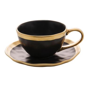 Imagem de Xícara P/Chá C/Pires de Porcelana Preto Fosco/Dourado Dubai 200ml Wolff