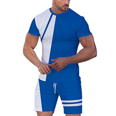 Imagem de Conjunto de colete e calça masculina conjunto esportivo masculino conjunto de 2 peças de manga curta camisetas e shorts bengala doce masculino, Azul, XXG