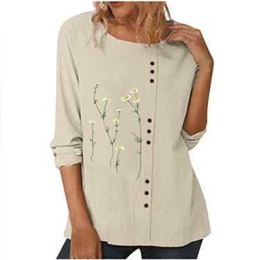 Imagem de Camiseta feminina verão outono gola redonda linho dente-de-leão gráfico floral ajuste solto camisas femininas 2024 na moda, I-577 amarelo mostarda, XG