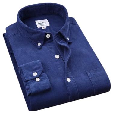 Imagem de BoShiNuo Camisa masculina de veludo cotelê de algodão quente outono inverno manga comprida camisa casual inteligente para homens confortáveis, Azul, GG