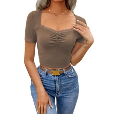 Imagem de Camiseta feminina de manga curta slim fit Y2K, gola quadrada, acabamento em renda, colado ao corpo, camiseta básica para sair, Café, M