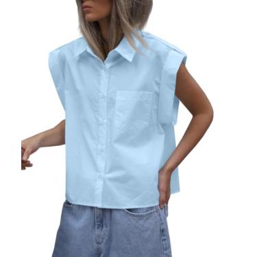 Imagem de Tankaneo Blusa feminina com botões de manga curta e caimento solto, Azul, GG