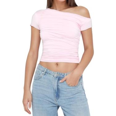 Imagem de Camiseta feminina com ombros de fora Y2k manga curta sexy verão cropped tops bonitos para sair tops sexy franzido camiseta justa, rosa, G