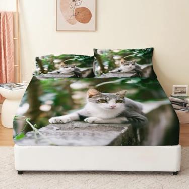 Imagem de Eojctoy Jogo de lençol Queen com tema de gato cinza selvagem, ultramacio, 100% microfibra - 40,6 cm com bolso profundo, respirável, confortável, conjunto de lençol - 4 peças de lençol