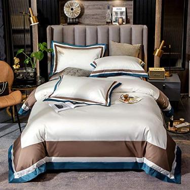 Imagem de Jogo de cama king size azul de seda cetim 4 peças, lençol com elástico + 2 fronhas (king branco)