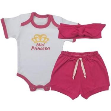 Imagem de Conjunto Roupa Bebê Menina Body Mini Princesa e Short Tapa Fralda + Faixa Infantil-Feminino