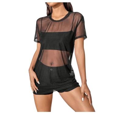 Imagem de SweatyRocks Camiseta feminina de malha transparente, gola redonda, manga curta, ombro caído, longa, solta, Preto, G