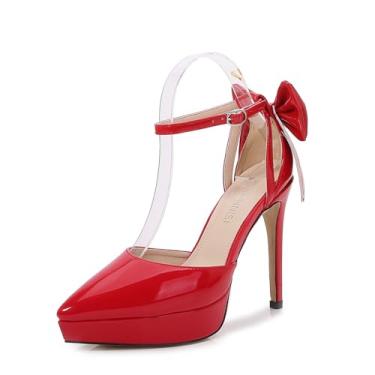 Imagem de KEINYDADF Sandálias femininas sexy de salto agulha com sola grossa no tornozelo, bico fino, bico fechado, laço, Vermelho, 37