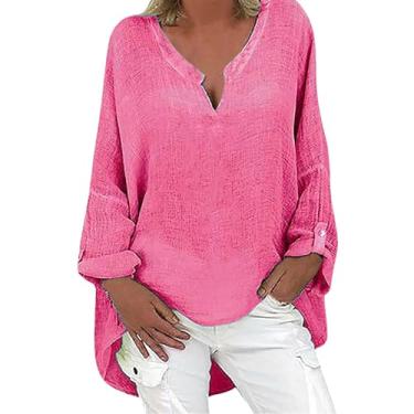 Imagem de Camisas femininas de linho de algodão 2024 Henley gola longa blusas elegantes modernas blusas de verão soltas confortáveis túnica tops, Vermelho, 3G