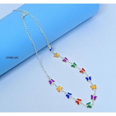 Imagem de Colar Choker Feminino com Pedras Cristais Borboletas Zircônias Coloridas Folheado Ouro Dourado Prata Luxo Tendência