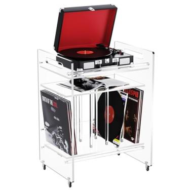 Imagem de Suporte para toca-discos de acrílico com prateleira de armazenamento, suporte para toca-discos de vinil transparente, mesa lateral de 3 camadas com rodas (grande transparente)