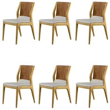 Imagem de Kit 6 Cadeiras Decorativas Sala de Jantar Madeira Maciça Bruyne PU Sintético/Linho Marrom/Bege G13 - Gran Belo