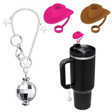 Imagem de SlowVibes 2 peças de tampa de palha Stanley para copo de copo, chapéu de cowboy de silicone de 6-10 mm com 1 peça de pingentes de bola de discoteca, pingentes personalizados para Stanley Cup,