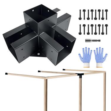 Imagem de VoTwoofv Kit de suporte de pérgula 6 x 6-1 pacote, suporte de canto de ângulo reto de 4 vias, kit de pérgola para vigas de madeira (real: 14 cm x 5,5 pol.) Gazebos ao ar livre, pérgulas de pátio,