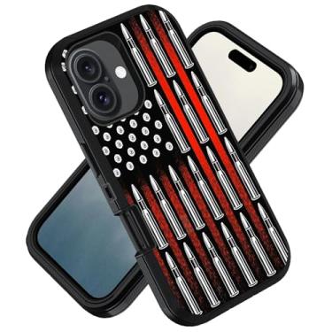 Imagem de ZXHSBROK Capa projetada para iPhone 16, capa protetora de 3 camadas à prova de choque para iPhone 16 (2024) 6,1 polegadas, bandeira americana e balas