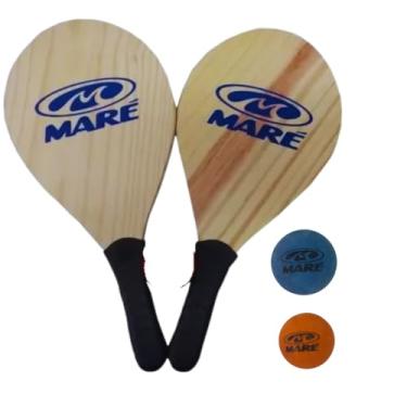 Imagem de Raquete Frescobol De Madeira Maré Kit Jogo Frescobol Tênis De Praia Maré + 2 Bolinhas