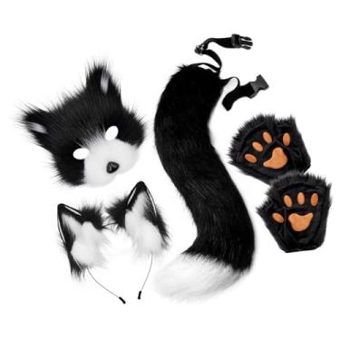 Imagem de Fiocias Máscara E Cauda Therian Linda Máscara de Gato Peludo para Festa de Halloween Feriado Aniversário, Preto e branco