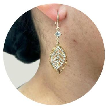 Imagem de Brincos Femininos Longo Folha Strass Luxo Festas Casamento - anjo da m