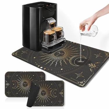 Imagem de Arttown Tapete de café para bancadas, preto dourado sol lua boho tapete de secagem de pratos 2 peças para acessórios de bar de cozinha, ajuste sob cafeteira máquina de café espresso, escorredor de