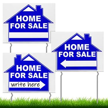 Imagem de 3 peças de 30,5 x 40,6 cm placas de casa para venda com estacas dupla face para casa para venda pelo proprietário placa de quintal com seta direcional sinais de casa aberta para placas de imóveis para agentes imobiliários (azul, branco)