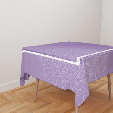Imagem de Toalha De Mesa Quadrada 4 Lugares Tecido Oxford Moldura Mandalas Roxo 
