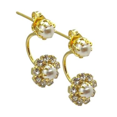 Imagem de Brinco Folheado a Ouro Pérolas Grace com Flor Cravejada - Butique da B