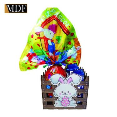 Imagem de Cesta com Cercado e Aplique Coelho Ovo Rosa Páscoa 15x15x12 Mdf Madeir