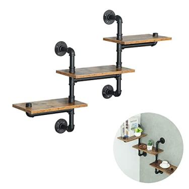 Imagem de HEONITURE Prateleira de tubos industriais, prateleiras de tubos com tábuas de madeira, prateleiras flutuantes montadas na parede, prateleira industrial rústica retrô para bar, cozinha, sala de estar..