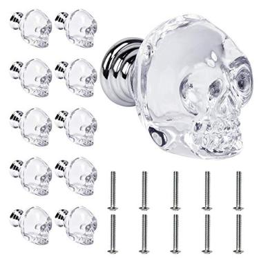 Imagem de Milkary 10 maçanetas de porta de vidro de cristal, puxadores de vidro transparente de caveira para guarda-roupa com parafusos, puxadores de gaveta para decoração de quarto de armário de cabeceira de