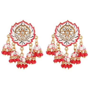 Imagem de Efulgenz Conjunto de brincos pendentes indianos de cristal Kundan Jhumki com franja, para mulheres Vermelho