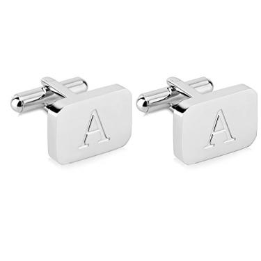 Imagem de Abotoaduras masculinas de aço inoxidável gravadas com iniciais banhadas a ouro branco 18K com caixa de presente - Letras personalizadas do alfabeto A-Z da Lux & Pair, Aço inoxidável, Na,