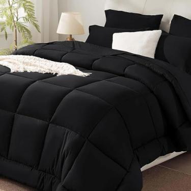 Imagem de SunStyle Home Conjunto de edredom preto King Size – 7 peças, cama em uma bolsa, leve de plumas de ganso alternativo com edredom para todas as estações, 1 lençol de cima, 1 lençol com elástico, 4