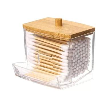 Imagem de Porta Cotonete De Acrílico Transparente Com Tampa Bambu 9cm - TopÚtil