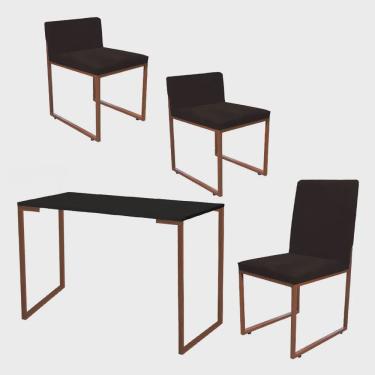 Imagem de Kit Mesa Escrivaninha com Cadeira Stan e 2 Poltronas Lee Tampo Preto Ferro Bronze Suede Marrom - Ahz Móveis