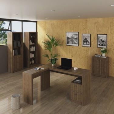 Imagem de Kit 4 Peças com 1 Mesa para Escritório em l, 2 Estantes e 1 Armário Baixo