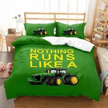 Imagem de Conjunto de cama de trator com equipamentos, caminhões, trator e veículos agrícolas, conjunto de capa de edredom para meninos e meninas (verde, Queen)