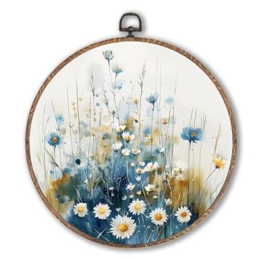 Imagem de Hxlac Arte de parede redonda floral floral azul emoldurada, decoração de parede redonda floral cottagecore, flores botânicas suspensas em tela esculturas de parede para decoração de casa, quarto, sala