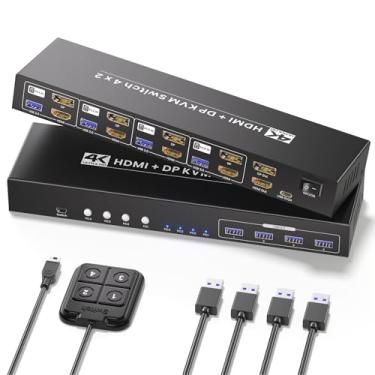 Imagem de Scyniney Switch Kvm Usb 3.0 De 4 Portas Hdmi + Displayport Para 2 Monitores E 4 Computadores, 4K60Hz, Monitor Duplo Hdmi Dp, Switch Kvm Para 4 Computadores Compartilhando 1 Conjunto De Teclado, Mous