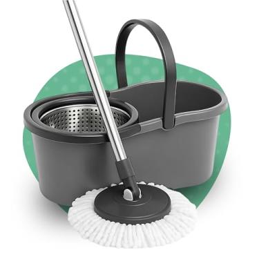 Imagem de Mop Giratório Balde Cesto Inox Escovão Com 2 Refis Esfregão De Limpeza Cabo Flash 360 Graus
