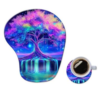 Imagem de Mouse pad ergonômico com descanso de pulso, tapete de mouse de gel de computador confortável suporte de pulso para laptop, mouse para alívio da dor com base de PU antiderrapante floresta colorida