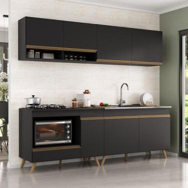 Imagem de Armário De Cozinha Modulada Compacta 4 Peças Com Balcão Para Cooktop Veneza Multimóveis Mp2264 Preto Dourado